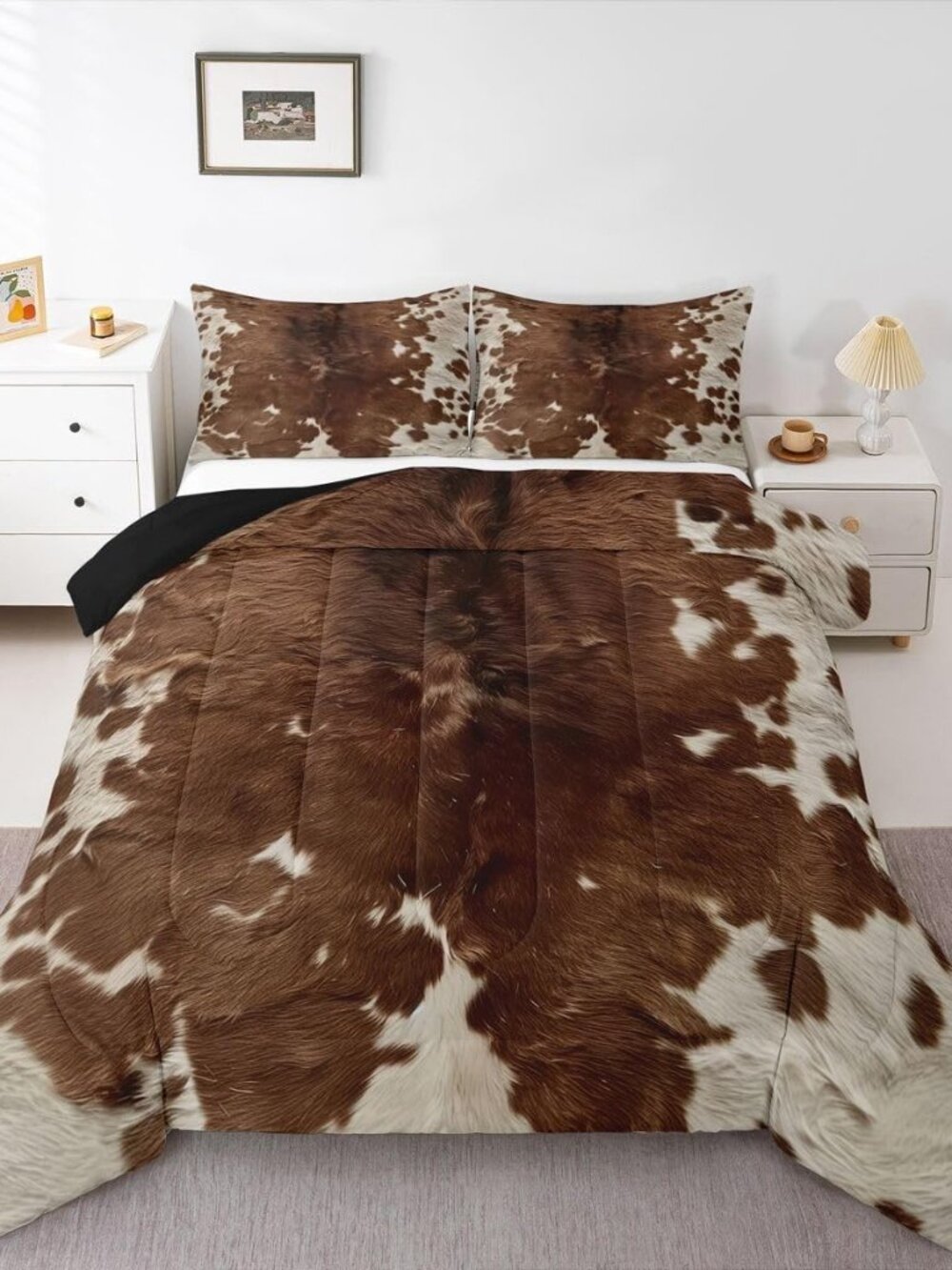 Cowhide Comforter Set Cow Fur Print Bedding Set King Size 3 Pcs